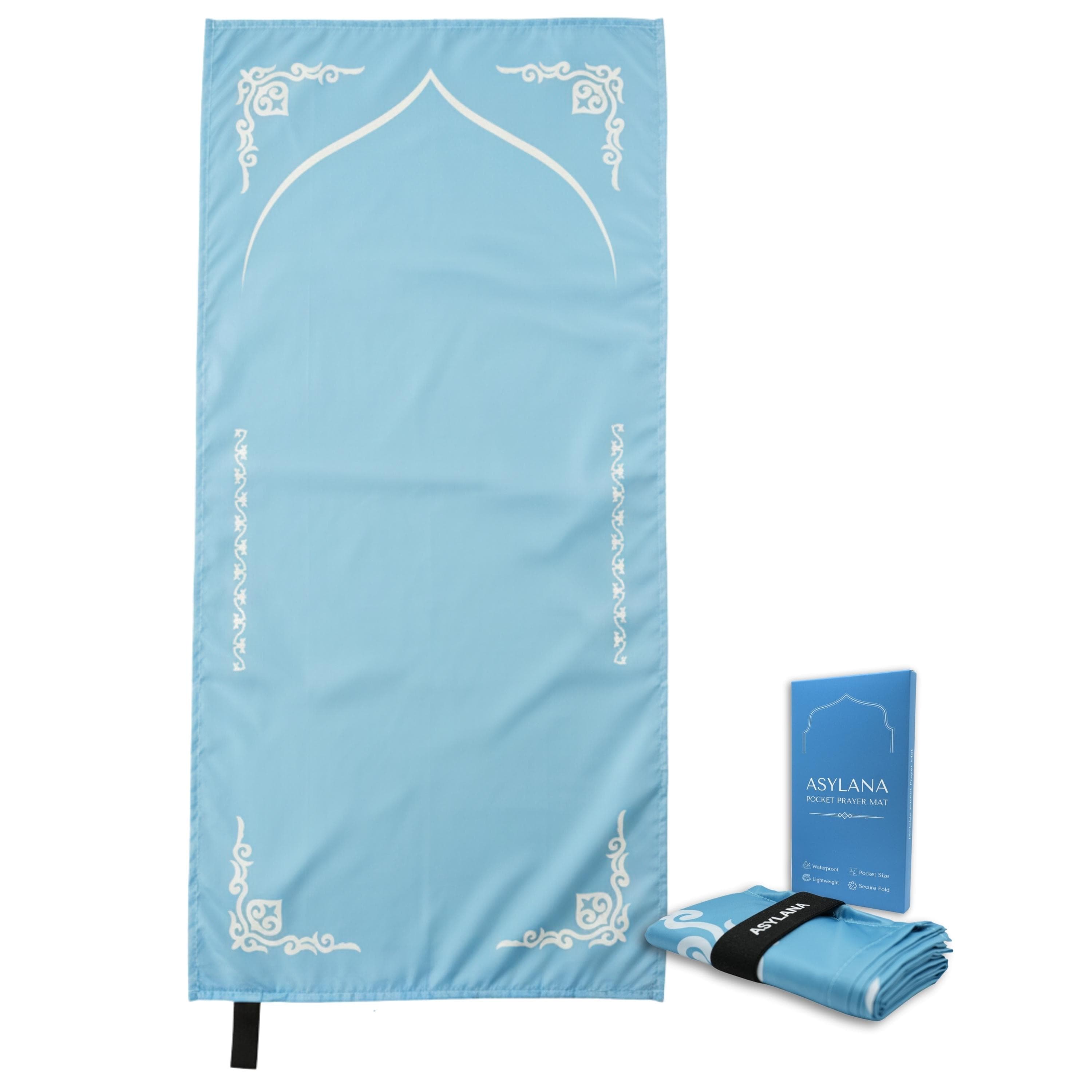 Turquoise Islamic Pocket Prayer Mat | Portable Waterproof & Lightweight Thin Travel Sujjadah | Compact Small Seccade Musalla w/ Elastic Band