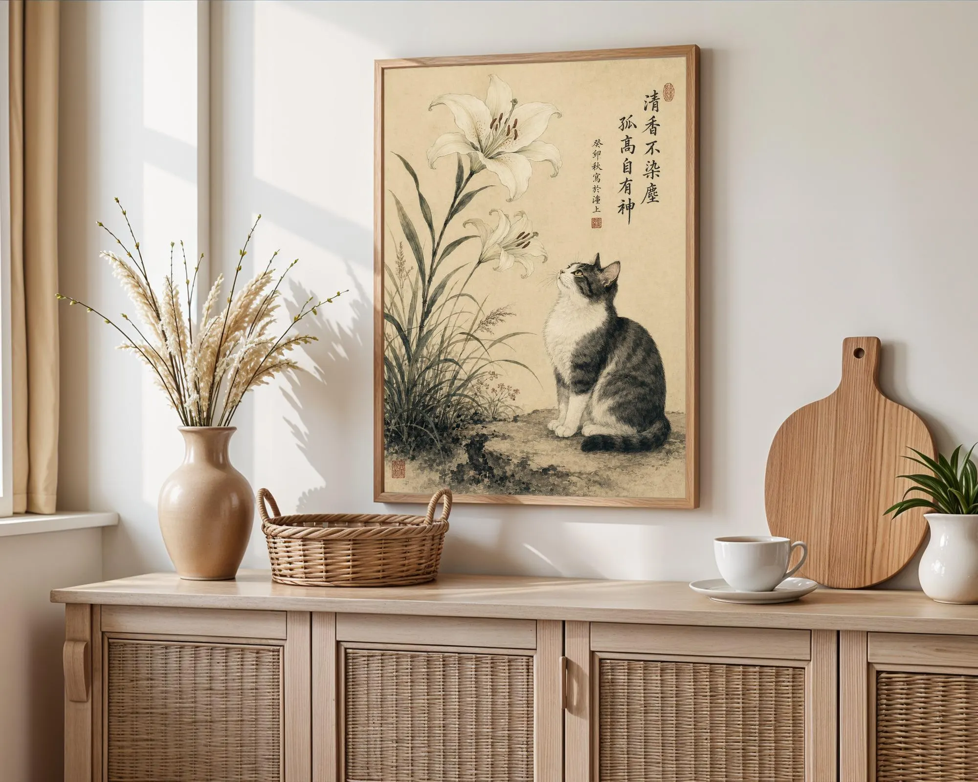Vintage Japanese Cat Lily Print, Traditional Asian Wall Art, Zen Decor (Digital Download) - image 4