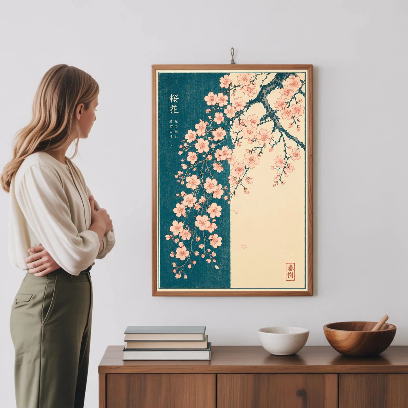 Sakura Cherry Blossom Poster | Japanese Minimalist Botanical Wall Art | Teal Cream Floral Print - image 4
