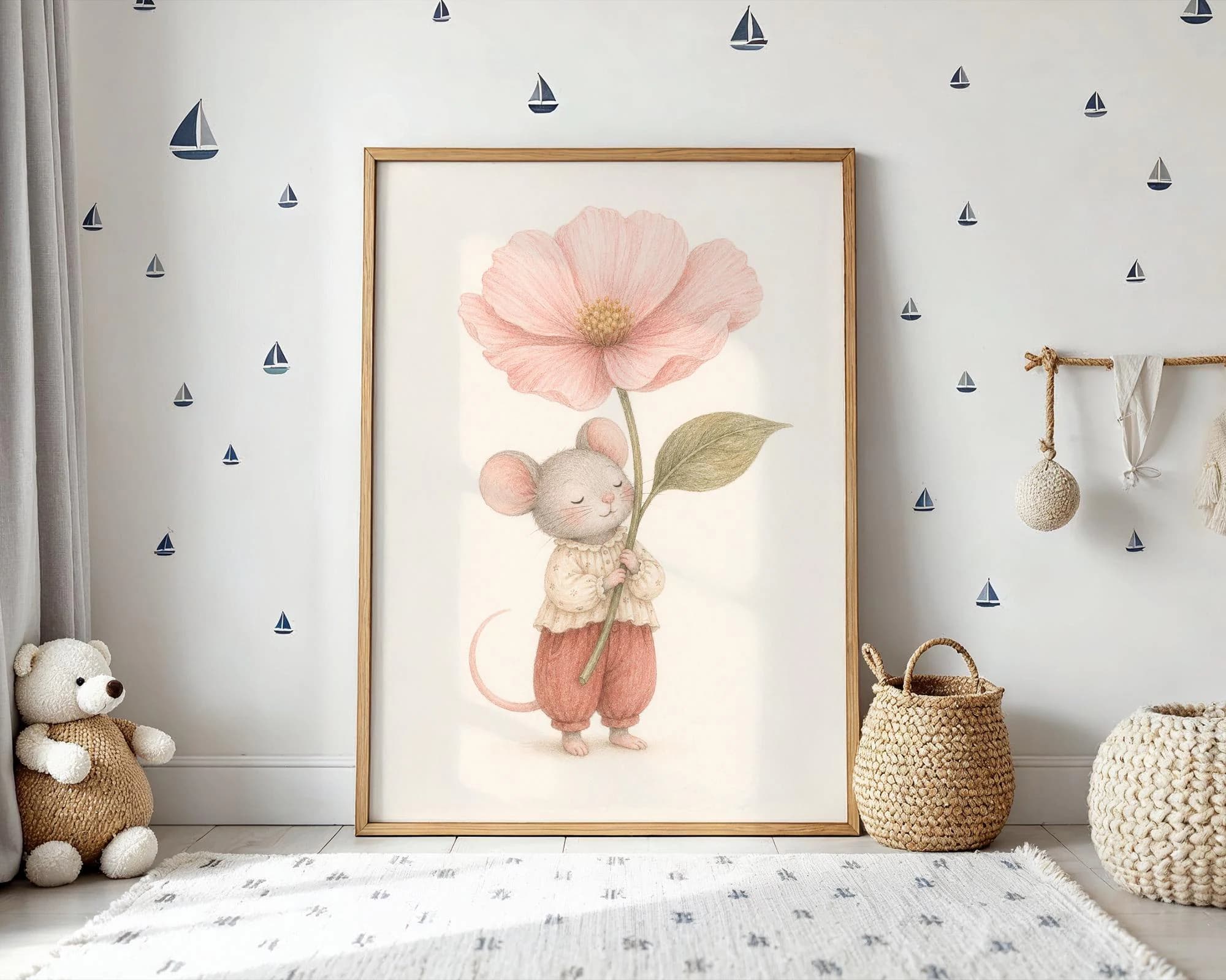 Mouse With Pink Flower Nursery Poster, Whimsical Animal Wall Art, Kids Room Decor - image 3