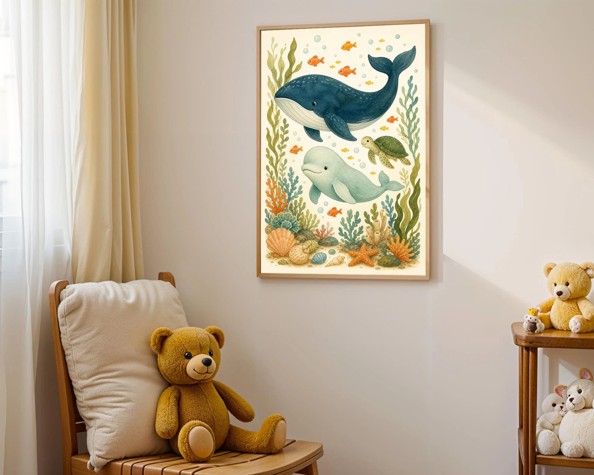 Under the Sea Nursery Print, Whale and Turtle Illustration, Coastal Nursery Decor - image 4