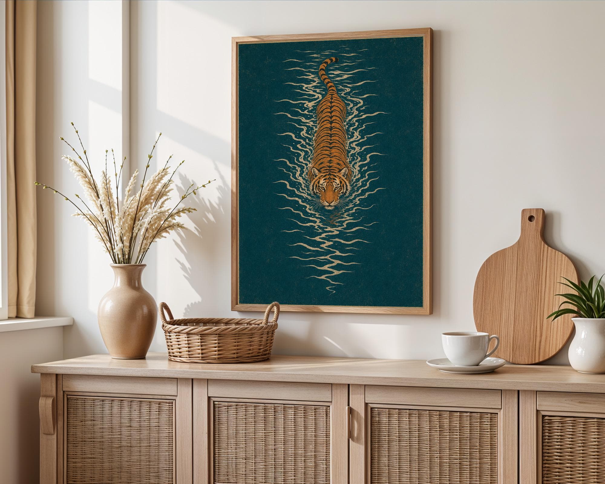 Japanese Tiger Art Print, Teal Oriental Zen Wall Decor, Woodblock Style Swimming Tiger Poster - image 3