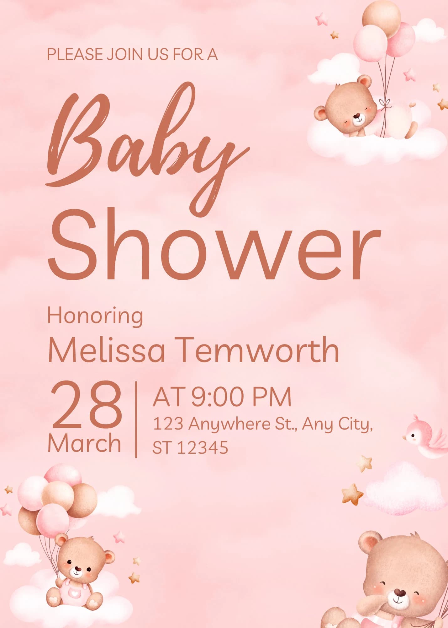 Editable Digital Download Baby Girl Pink Brown Bold Baby Shower Invitation Template - image 5
