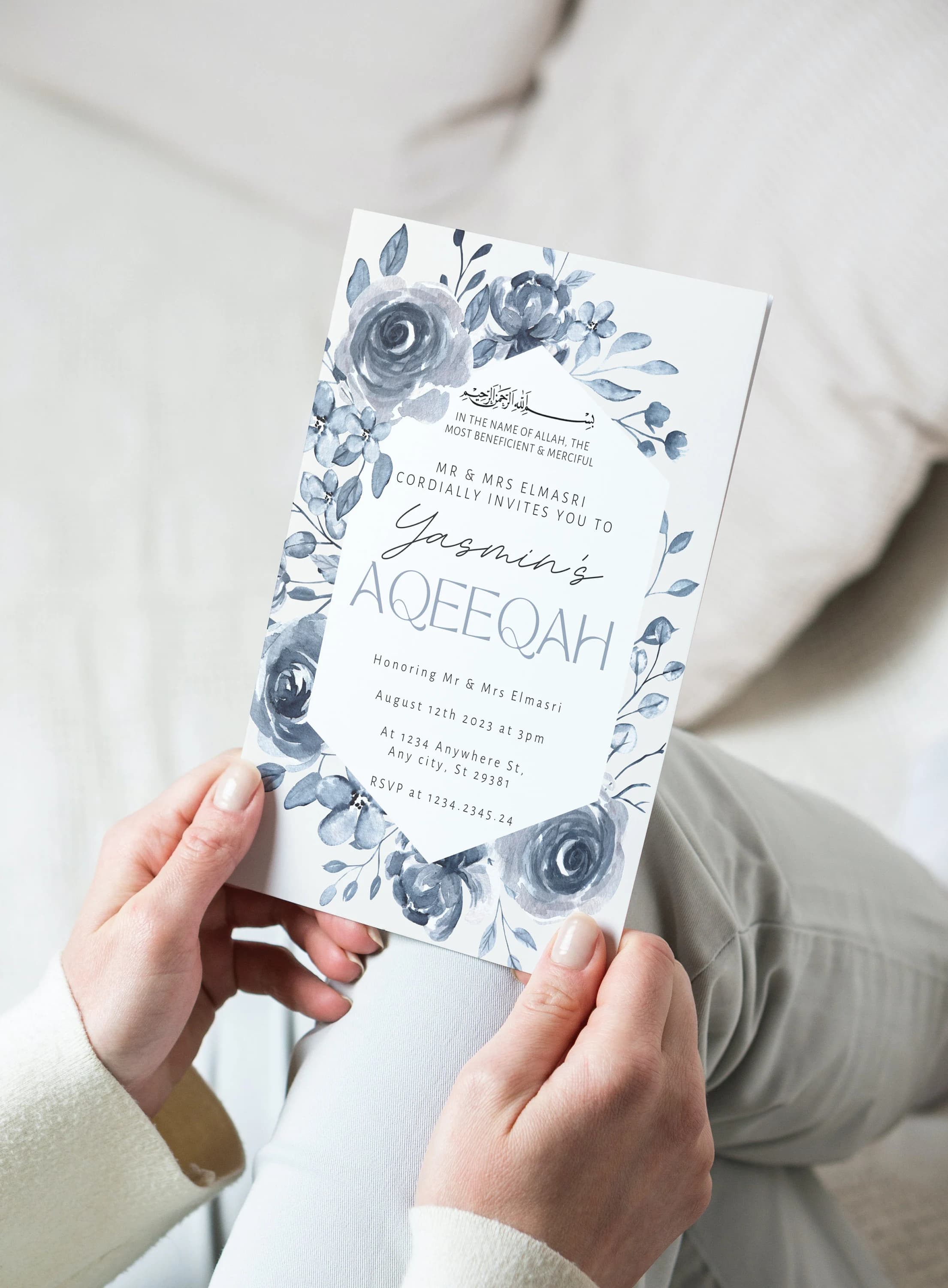 Navy Floral Aqeeqah Invitation: Rustic Muslim Birth Announcement (Digital Download) - image 4