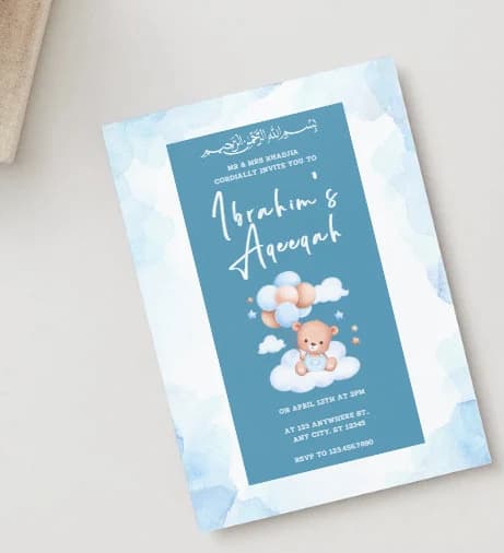 Editable Islamic Unisex Aqeeqah Invitations Digital Download, Birth Announcement Invite, Blue Watercolor Aqiqah Evite