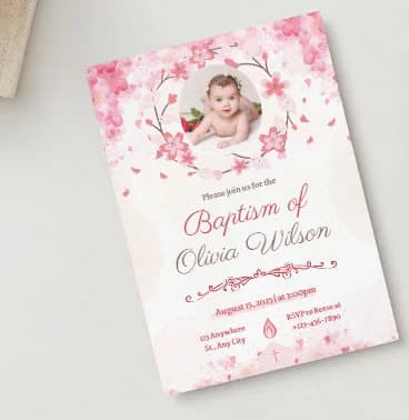 Editable Digital Download Pink Elegant Watercolor Baptism Invitation Template