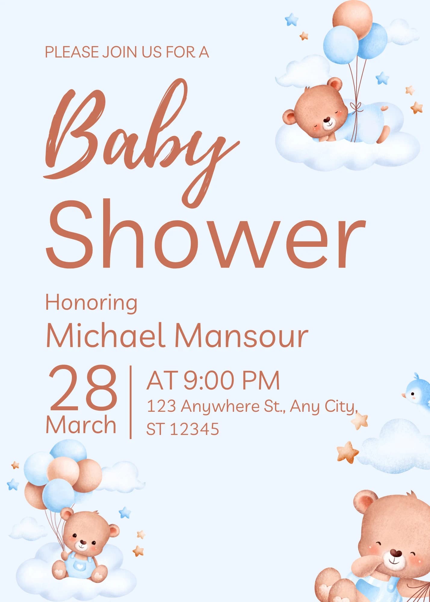 Editable Digital Download Baby Boy Blue Brown Bold Baby Shower Invitation Template - image 5