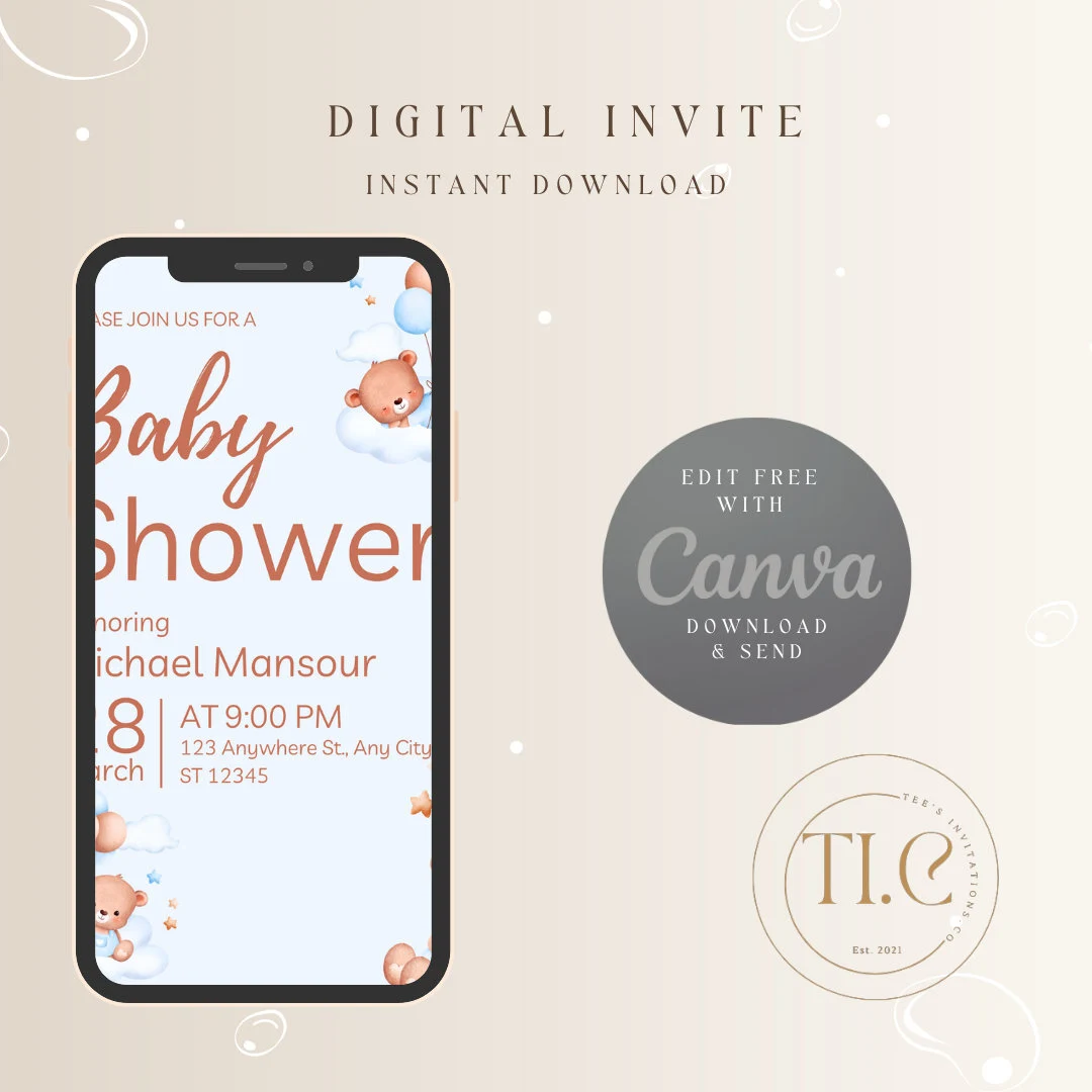 Editable Digital Download Baby Boy Blue Brown Bold Baby Shower Invitation Template - image 3