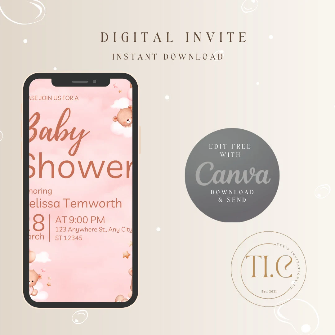 Editable Digital Download Baby Girl Pink Brown Bold Baby Shower Invitation Template - image 3