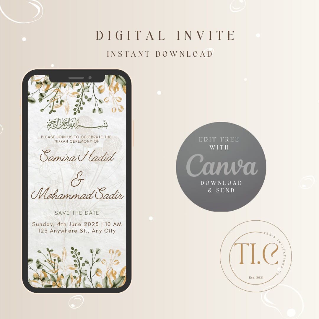Editable Nikkah Wedding Invitation Template: Islamic Greenery (Canva Download) - image 5