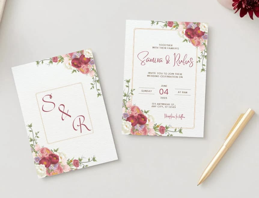 Dark Red Floral Wedding Invitation Template (Digital Download)
