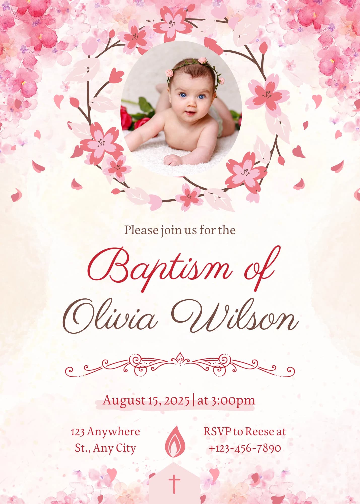Editable Digital Download Pink Elegant Watercolor Baptism Invitation Template - image 3