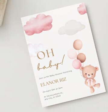Editable Digital Download Oh Baby Girl Baby Shower Invitation with Balloons and Bear Template