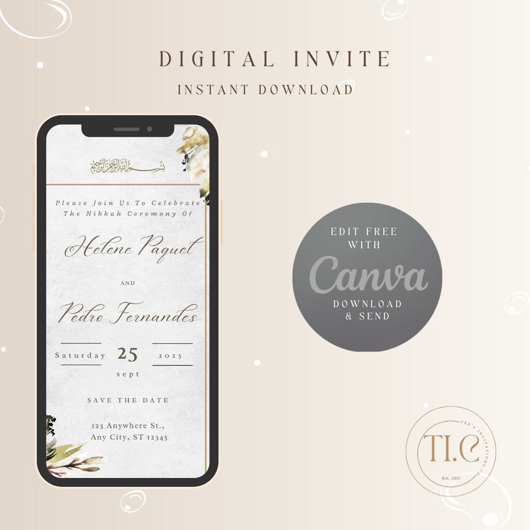 Editable Nikkah Wedding Invitation: Islamic Green Watercolor (Canva Download) - image 5