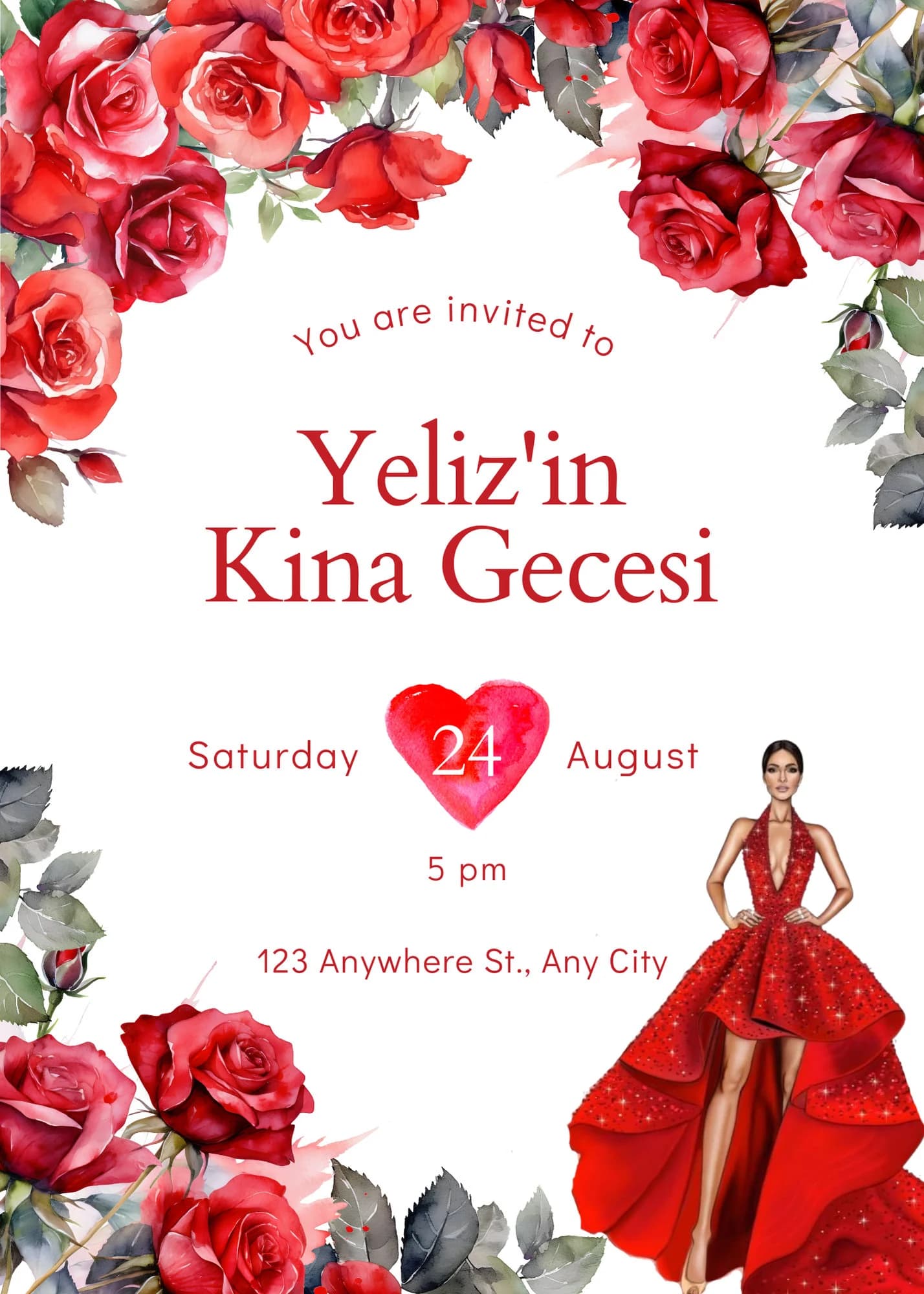 Floral Kina Gecesi Invitation: Red Roses, Valentine's Theme (Editable Digital Download) - image 5