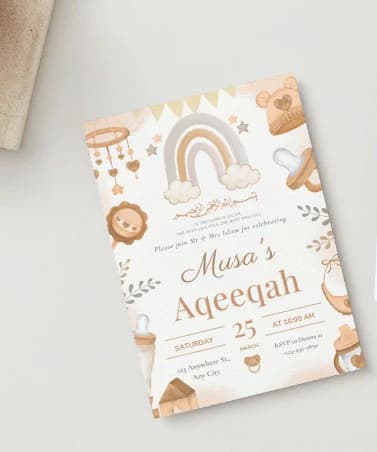 Editable Islamic Brown Watercolor Aqeeqah Invitation Digital Download, Birth Announcement Invite