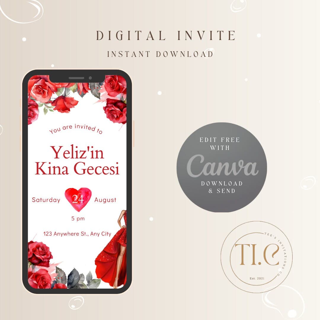 Floral Kina Gecesi Invitation: Red Roses, Valentine's Theme (Editable Digital Download) - image 4