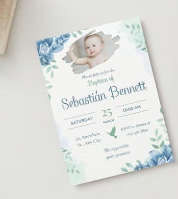 Blue Floral Baptism Invitation Template: Editable Digital Download