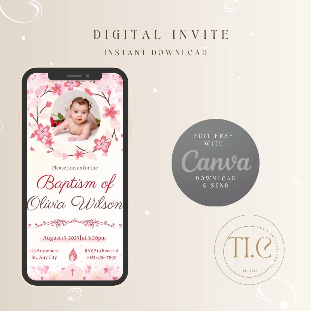 Editable Digital Download Pink Elegant Watercolor Baptism Invitation Template - image 4