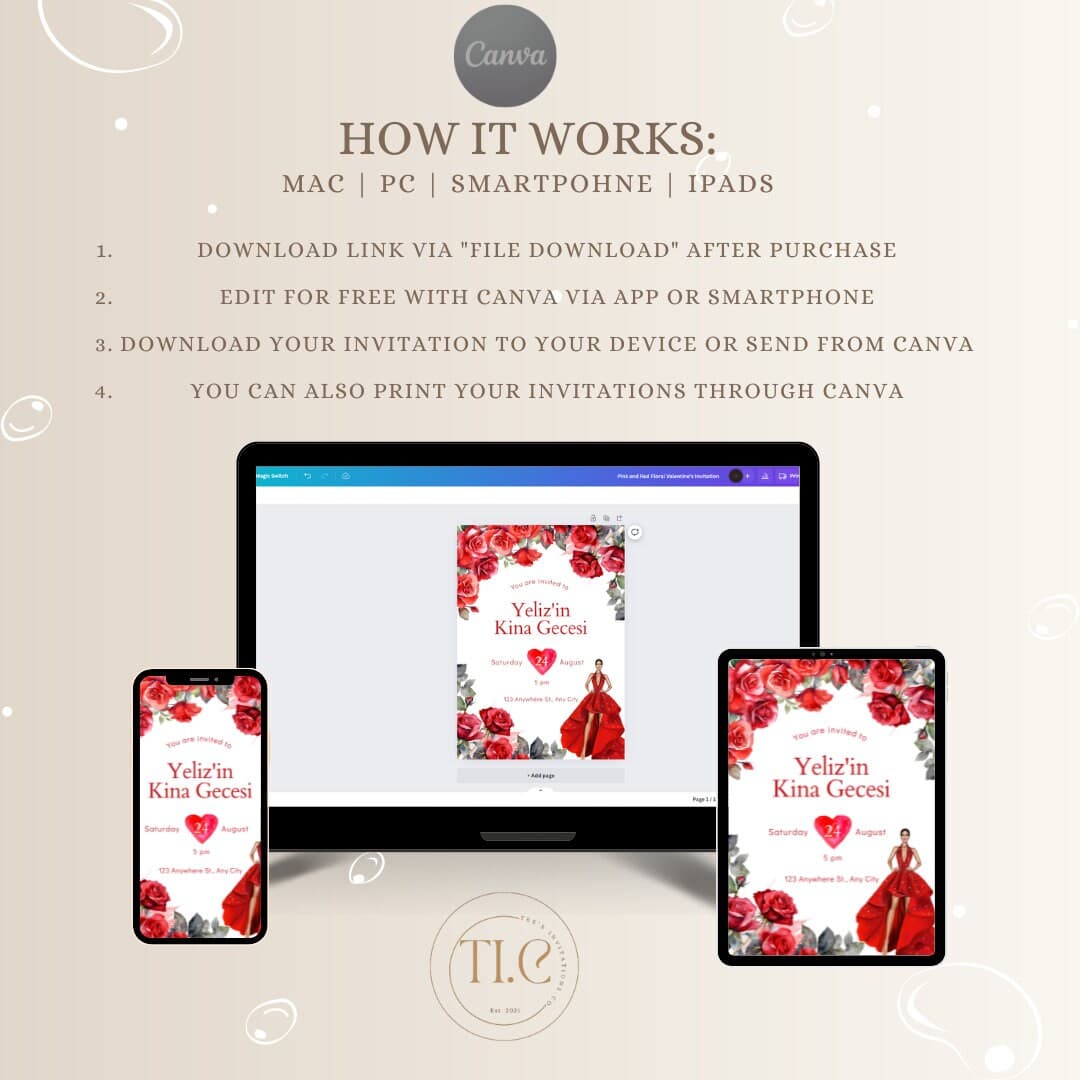 Floral Kina Gecesi Invitation: Red Roses, Valentine's Theme (Editable Digital Download) - image 3