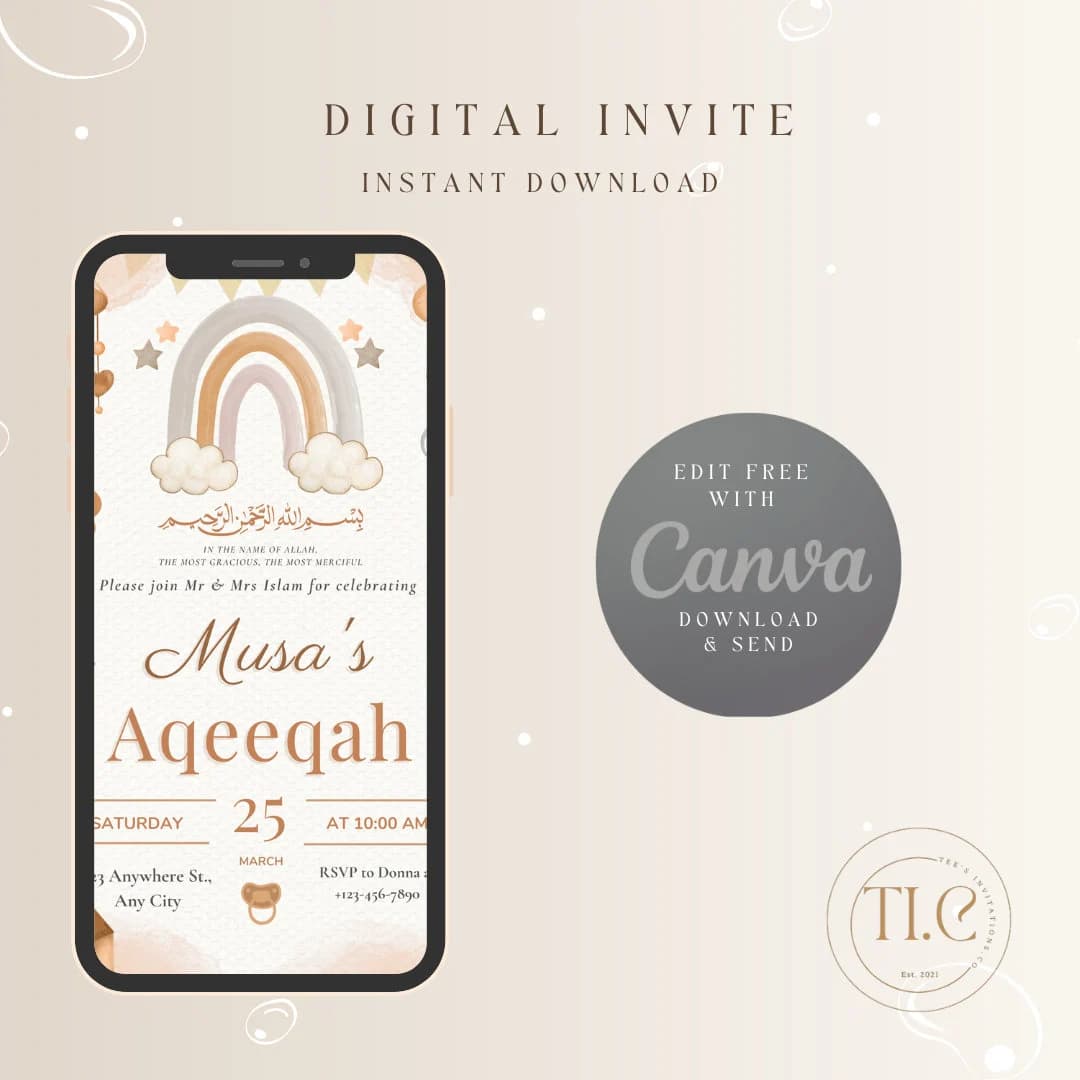 Editable Islamic Brown Watercolor Aqeeqah Invitation Digital Download, Birth Announcement Invite - image 4