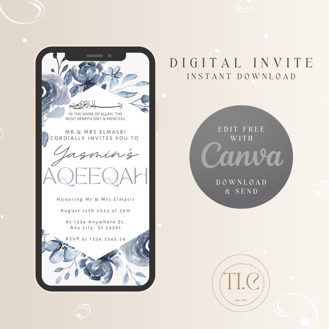 Navy Floral Aqeeqah Invitation: Rustic Muslim Birth Announcement (Digital Download)