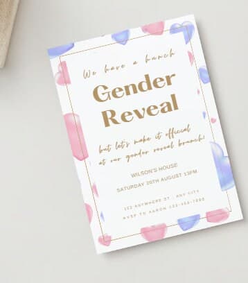 Editable Digital Download Pink And Blue Love Hearts Elegant Bright Gender Reveal Invitation Template