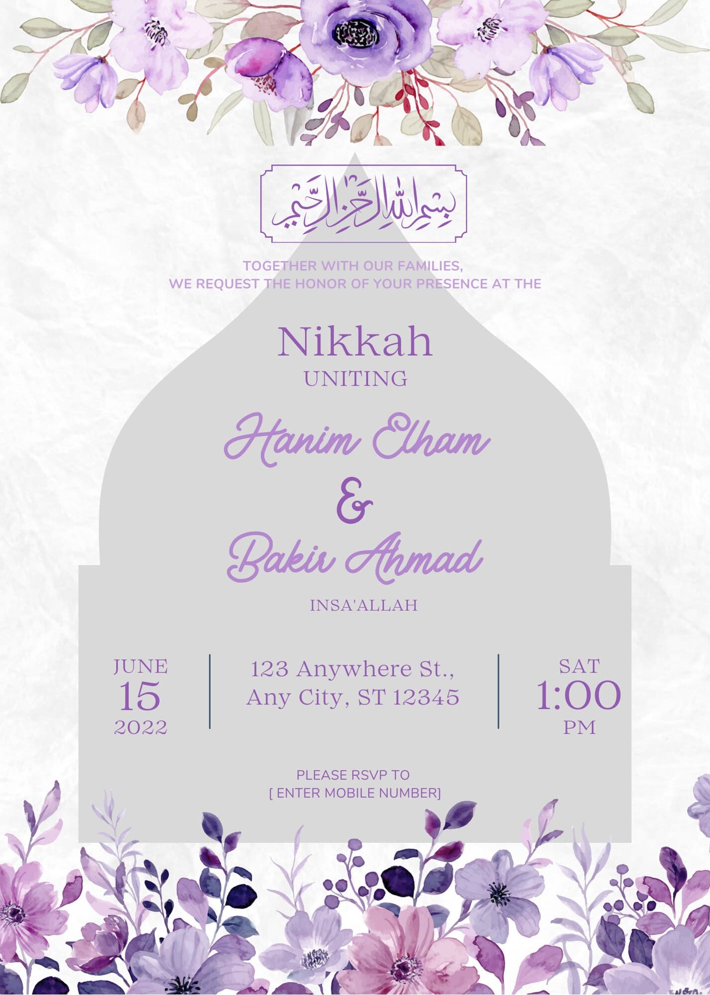 Editable Digital Muslim Wedding Invitation Template Nikkah Walimah Shaadi Baraat editable Envite Purple - image 4
