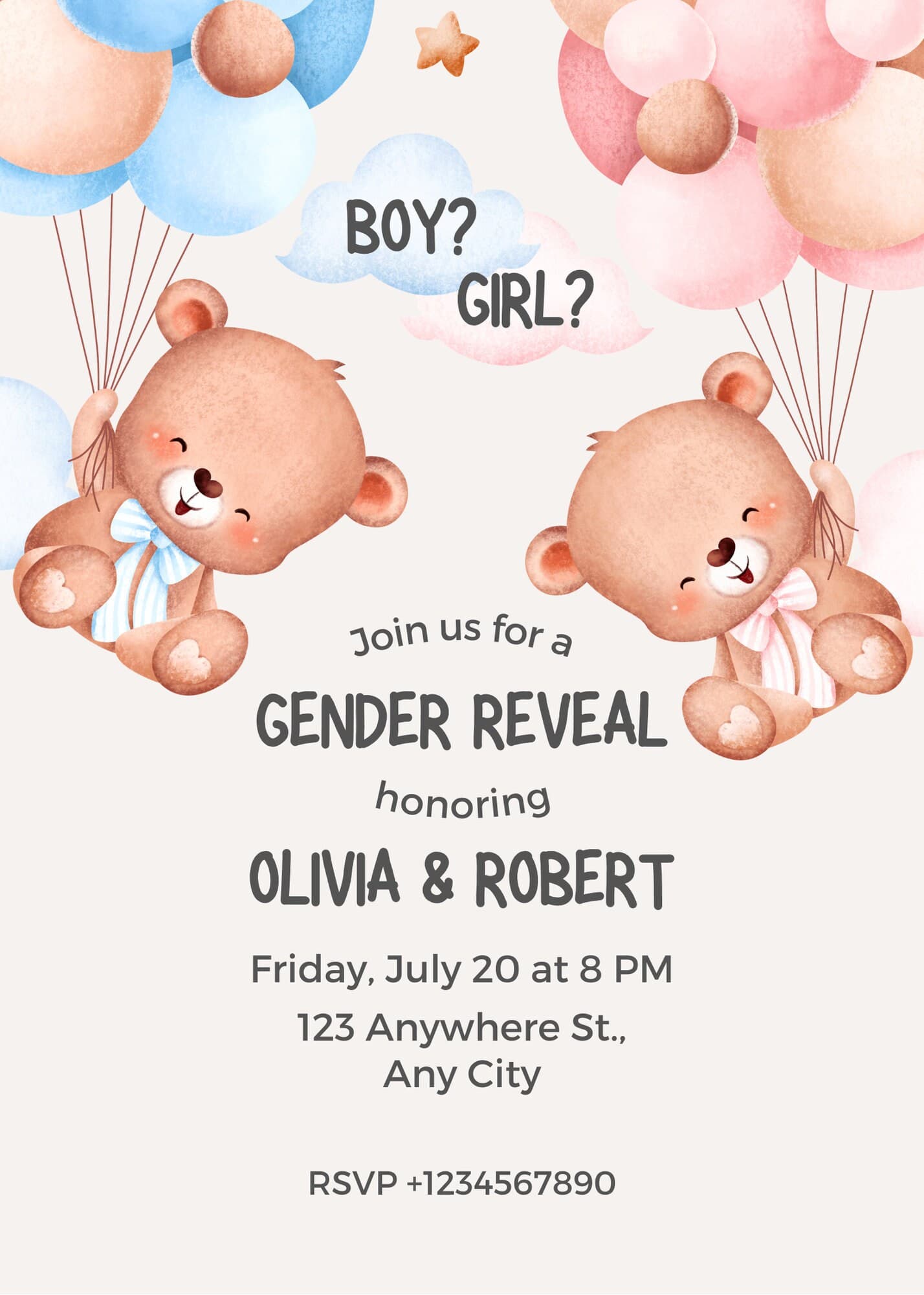 Watercolor Teddy Bear Gender Reveal Invitation Template (Digital Download) - image 5