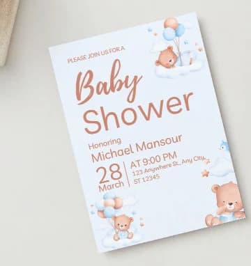 Editable Digital Download Baby Boy Blue Brown Bold Baby Shower Invitation Template