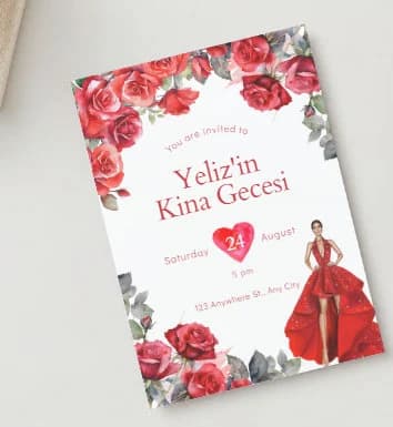 Floral Kina Gecesi Invitation: Red Roses, Valentine's Theme (Editable Digital Download)