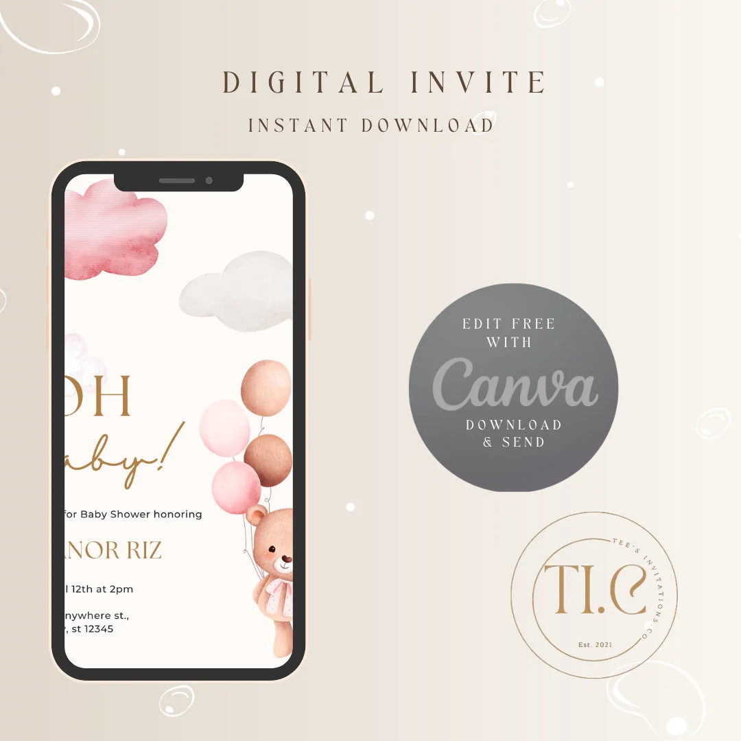Editable Digital Download Oh Baby Girl Baby Shower Invitation with Balloons and Bear Template - image 3