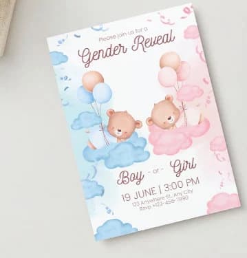 Watercolor Bears Gender Reveal Invitation Template (Digital Download)