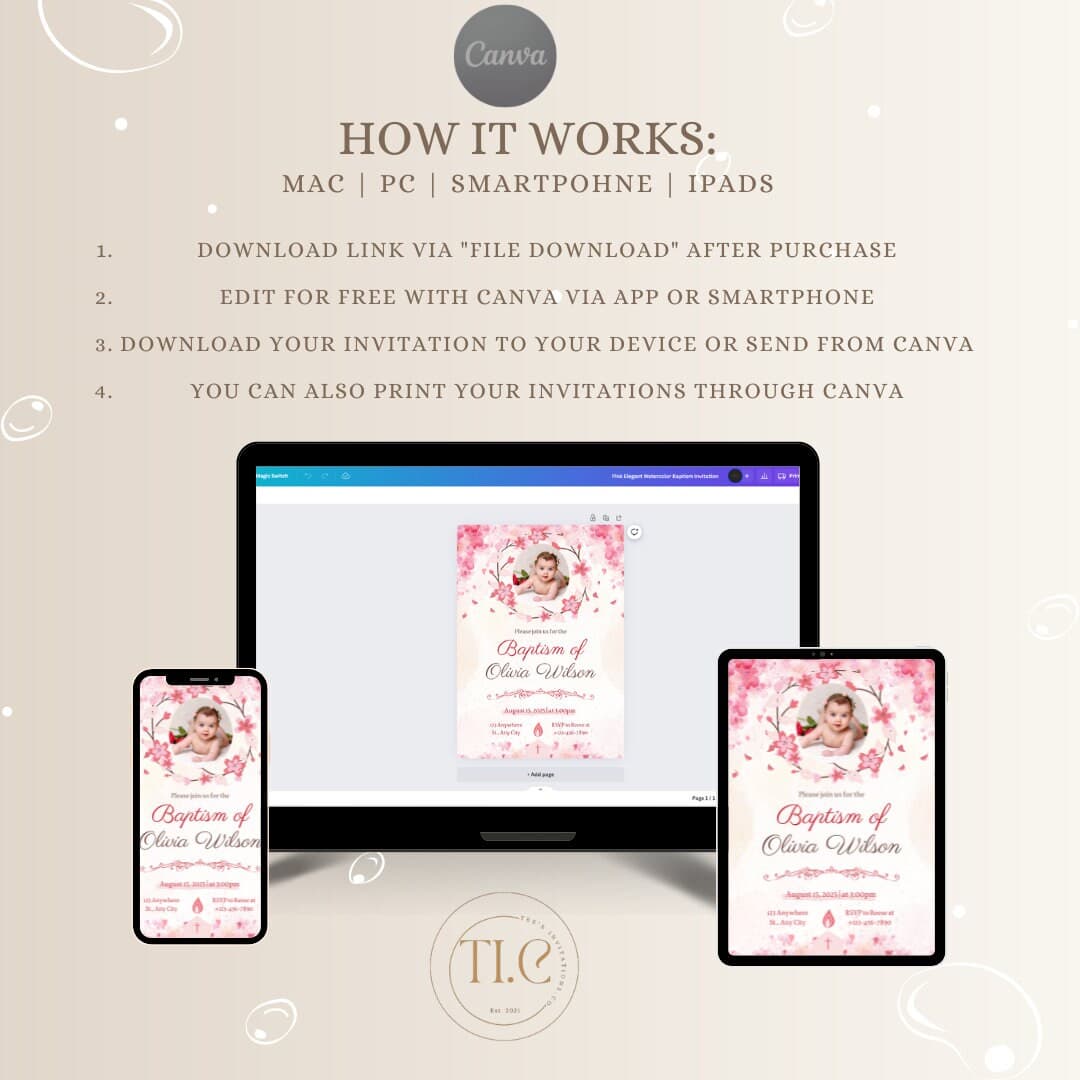 Editable Digital Download Pink Elegant Watercolor Baptism Invitation Template - image 5