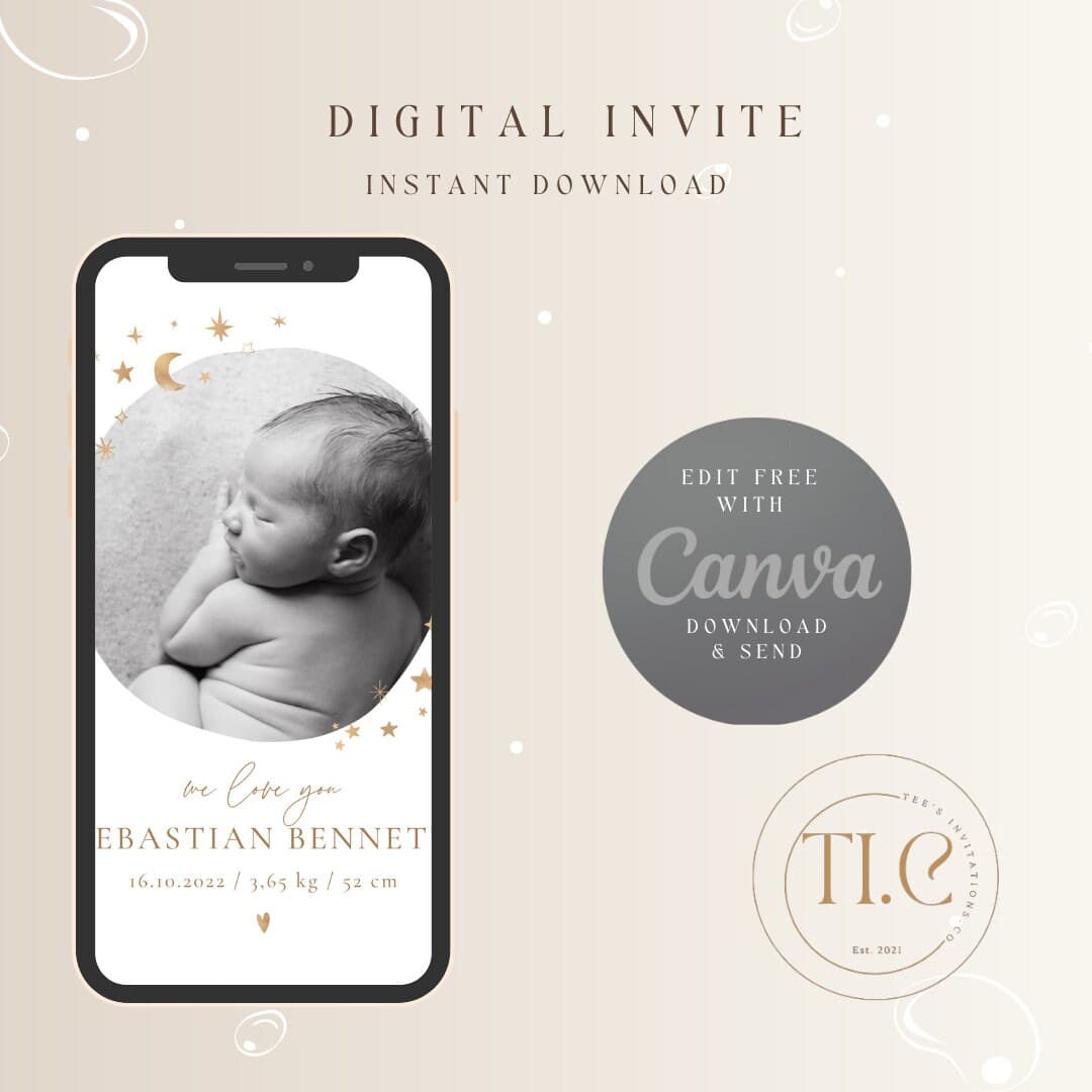 Editable Digital Download Gold White Welcome Baby Birth Announcement - image 3