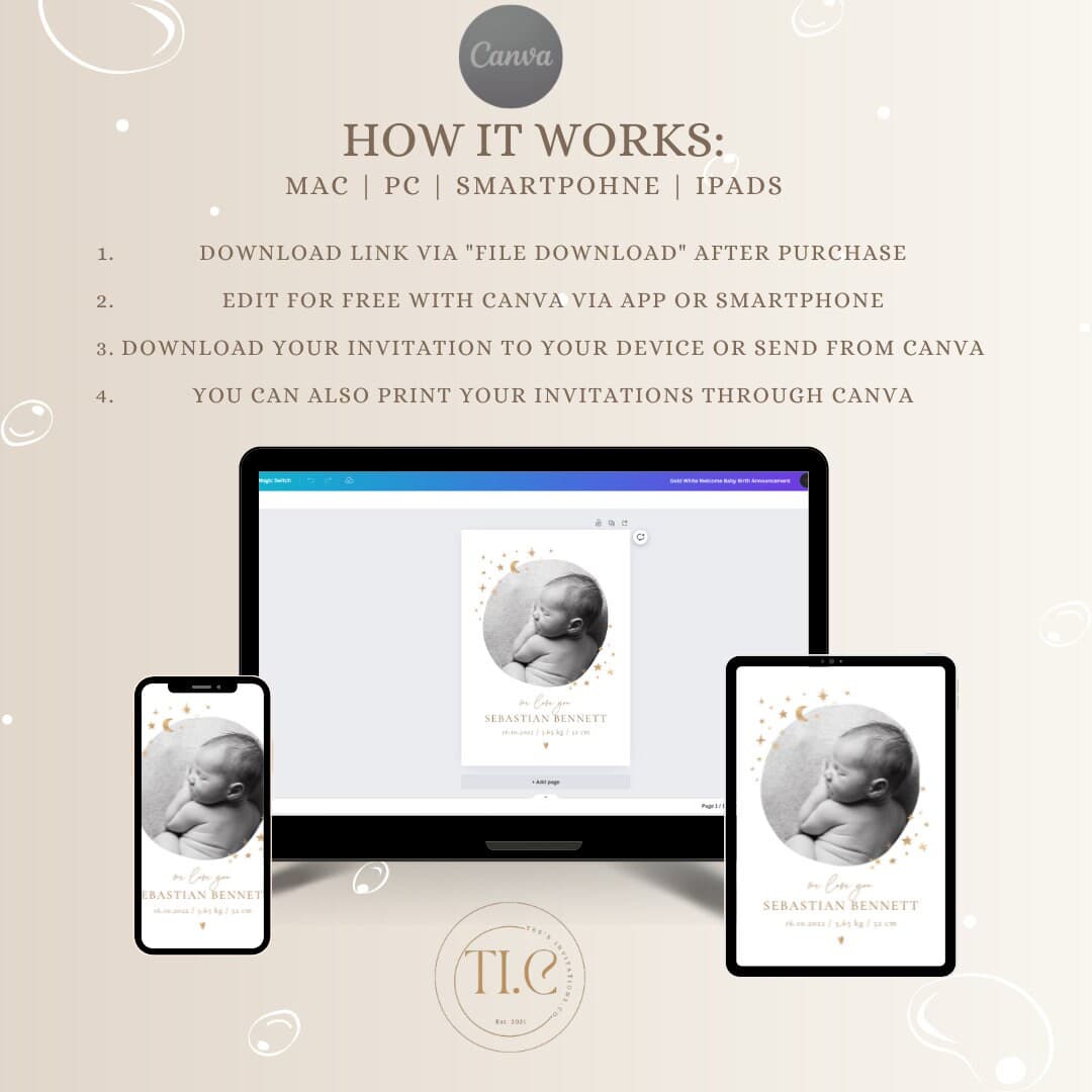 Editable Digital Download Gold White Welcome Baby Birth Announcement - image 4