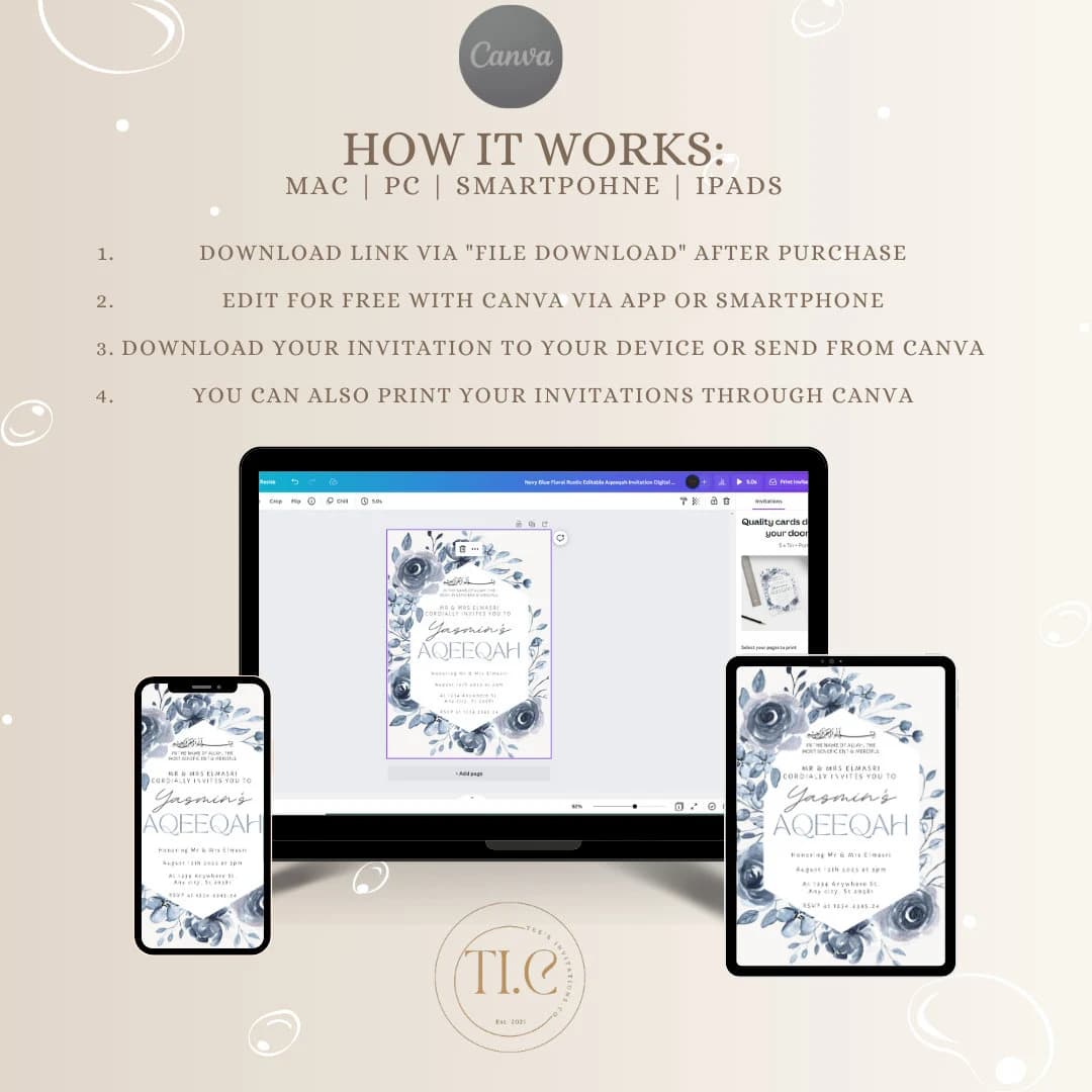 Navy Floral Aqeeqah Invitation: Rustic Muslim Birth Announcement (Digital Download) - image 3