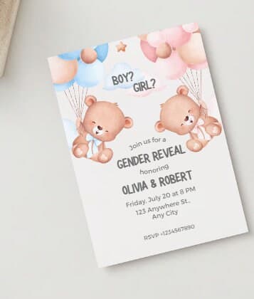 Watercolor Teddy Bear Gender Reveal Invitation Template (Digital Download)