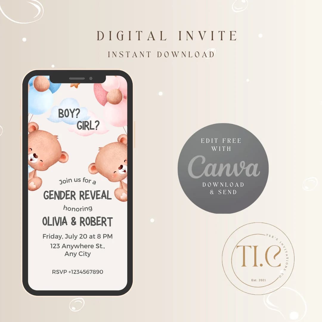 Watercolor Teddy Bear Gender Reveal Invitation Template (Digital Download) - image 3