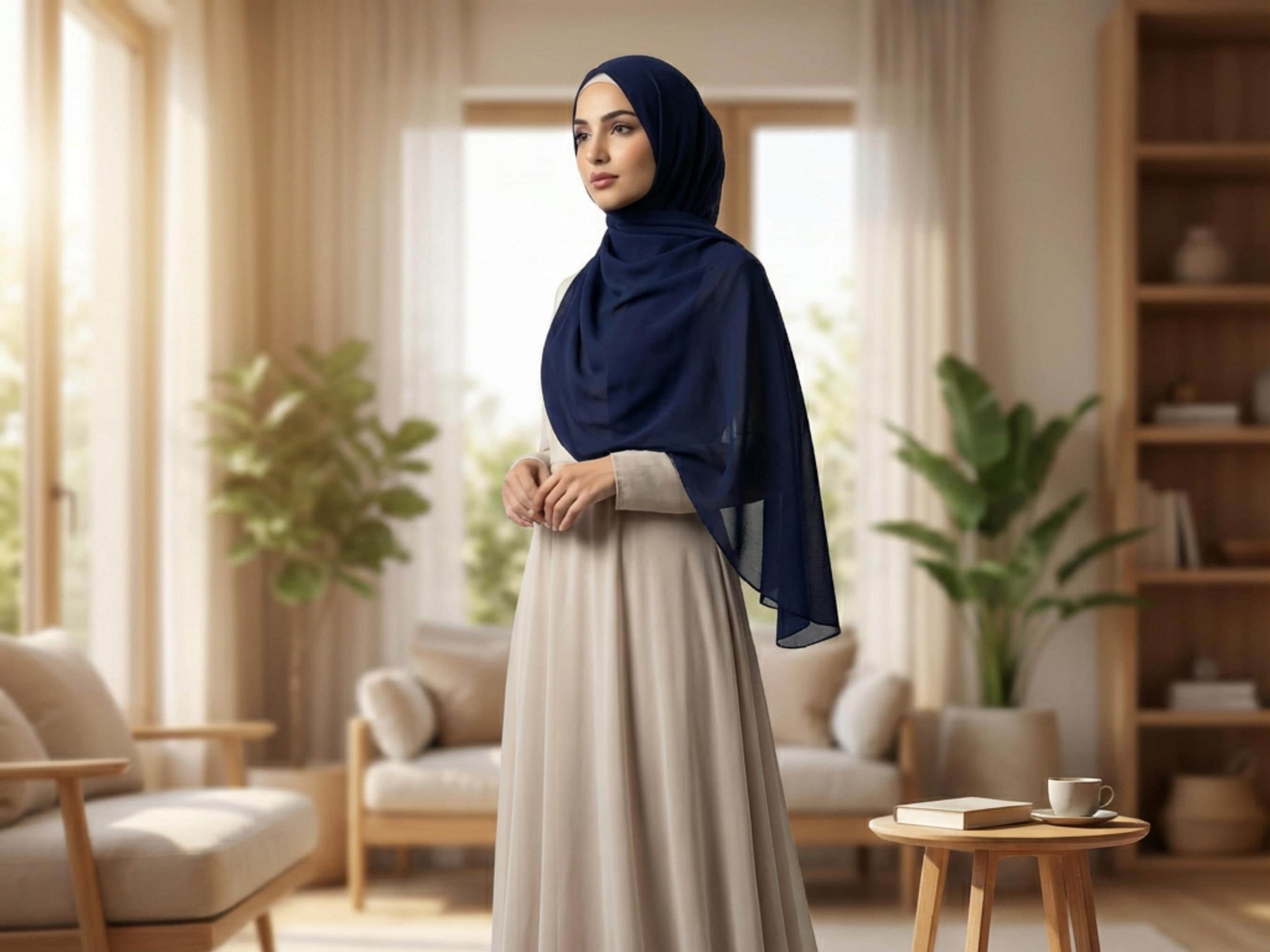 Navy Blue Diamond Chiffon Hijab, Everyday Wear, Formal Occasions