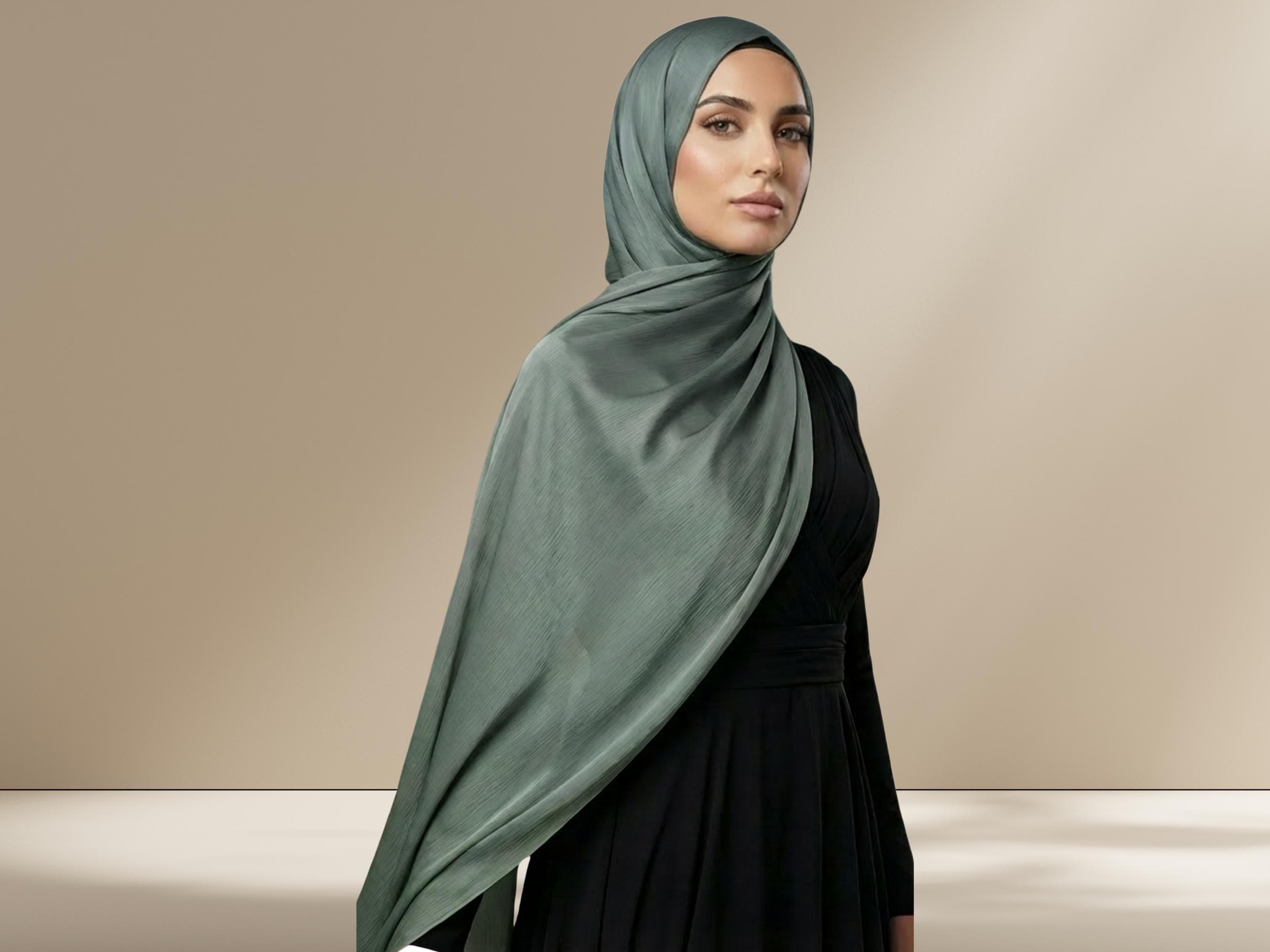 Green Satin Crinkle Hijab, Luxe Soft Texture, Formal Wear