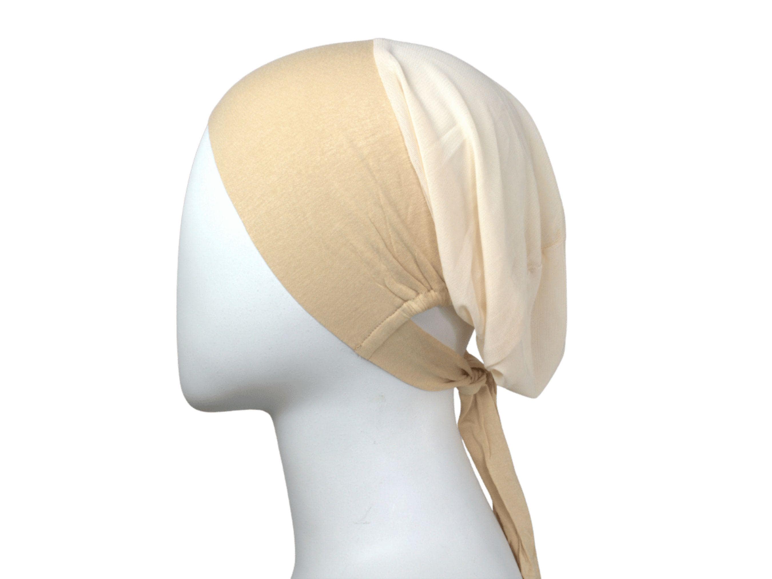 comfortable tie back hijab underscarf ideal for everyday. tan beige tie back mesh bonnet for women and girls | Lina zibdeh
