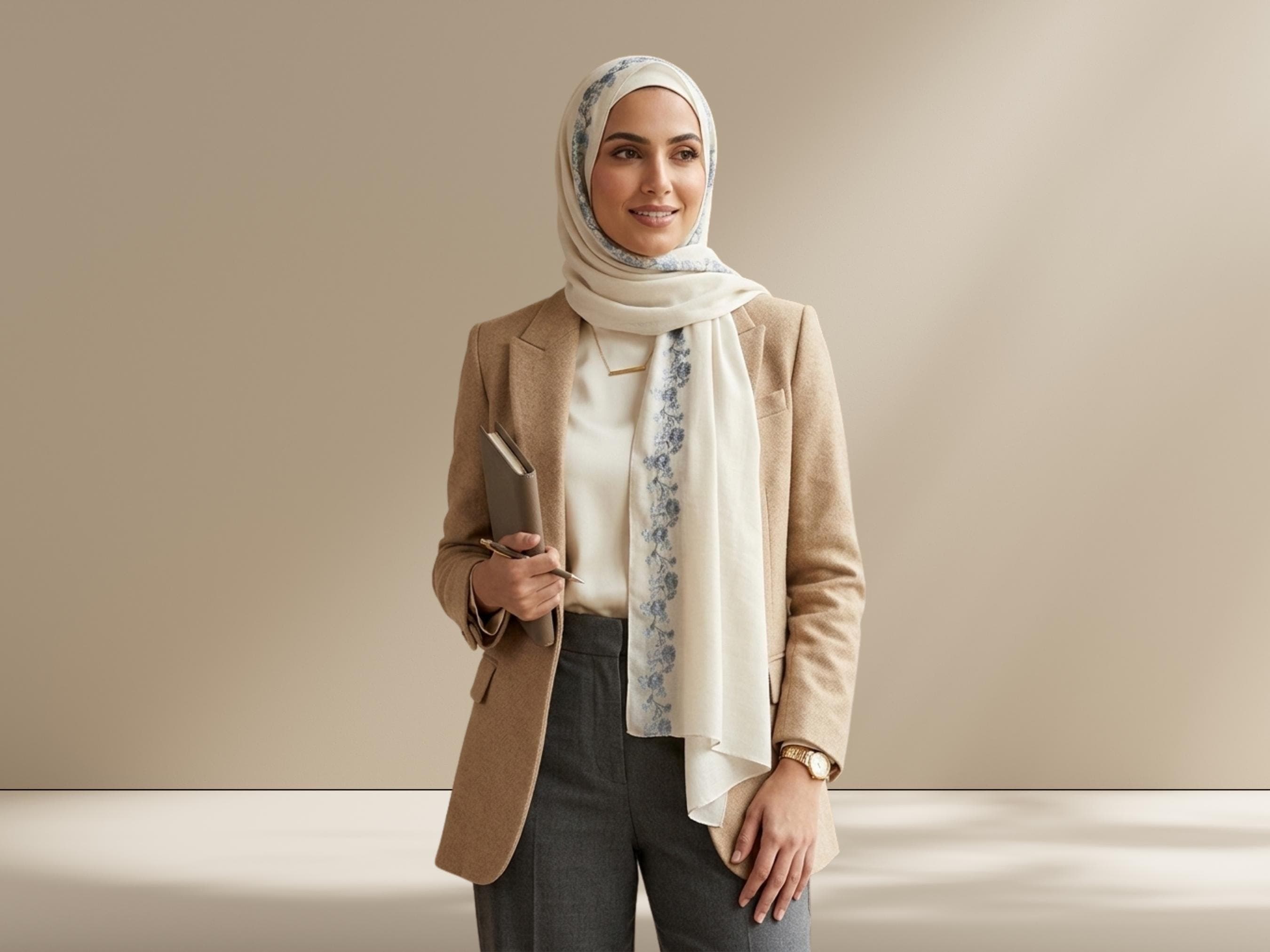 Reversible Bamboo Modal Hijab Scarf: Neutral &Floral Printed border, breathable for summer - image 4