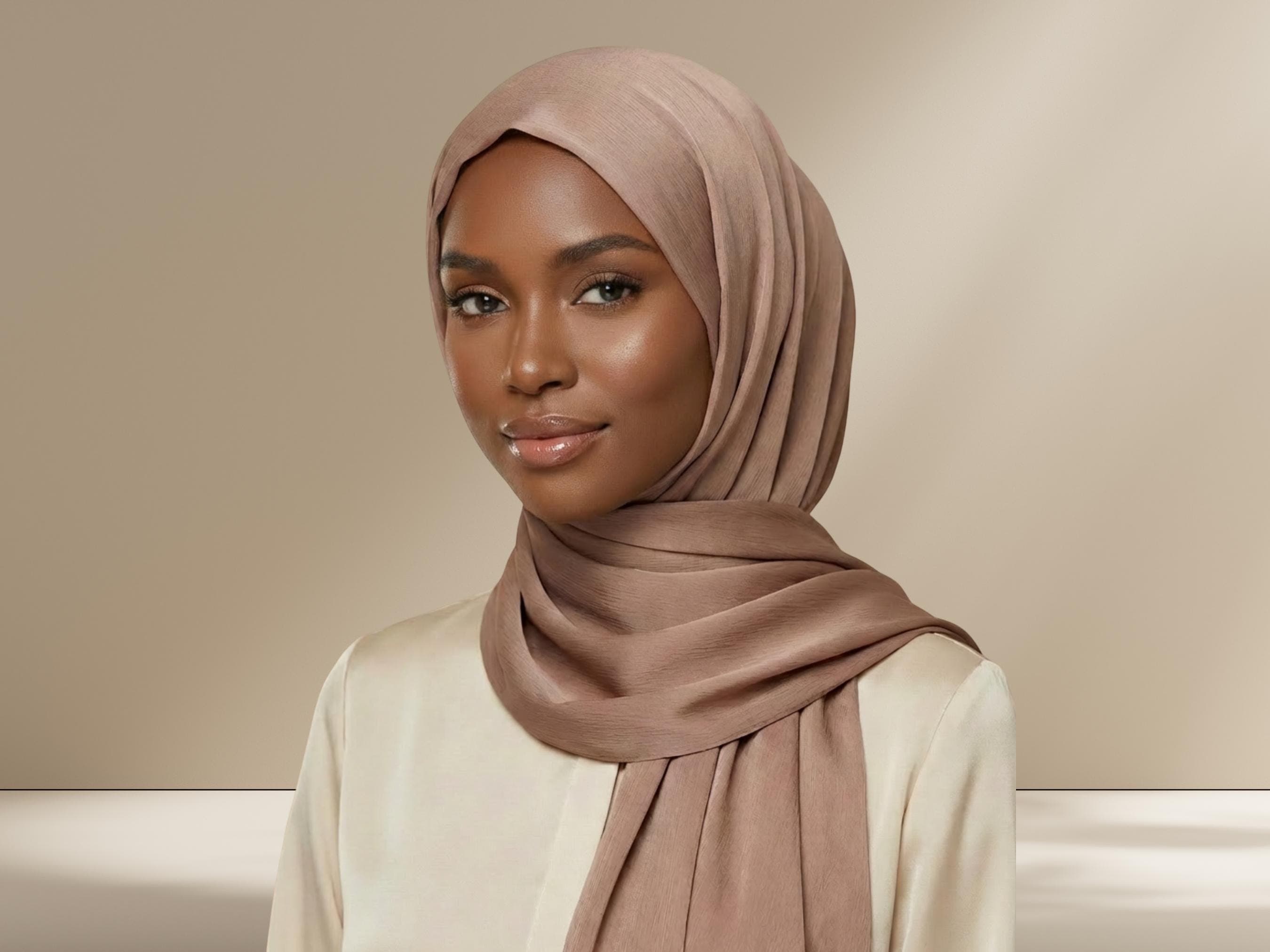 Rose Taupe Crinkle Satin Hijab, Party Evening Wear