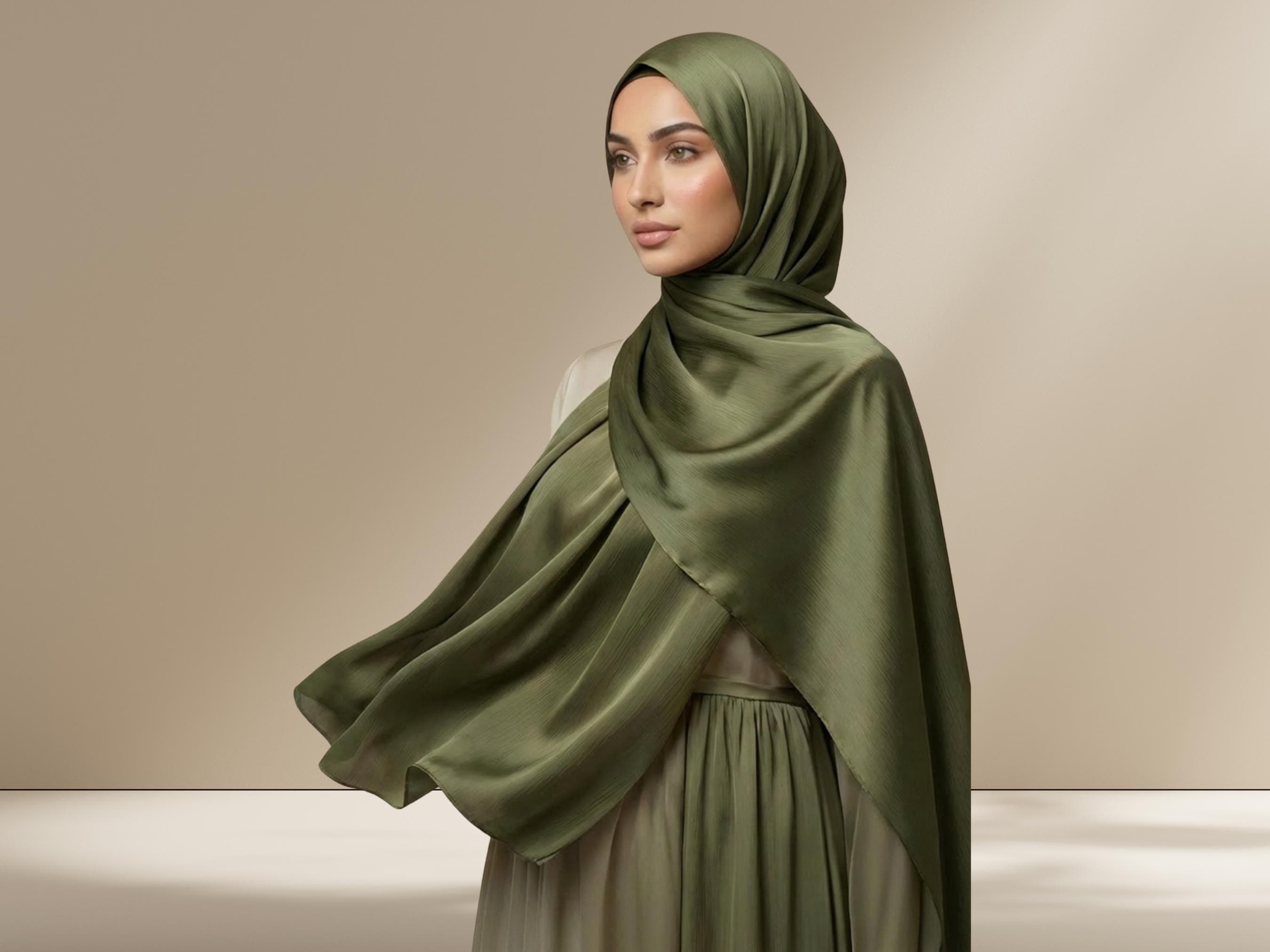 Olive Green Satin Crinkle Hijab: Metallic Sparkly Party Scarf