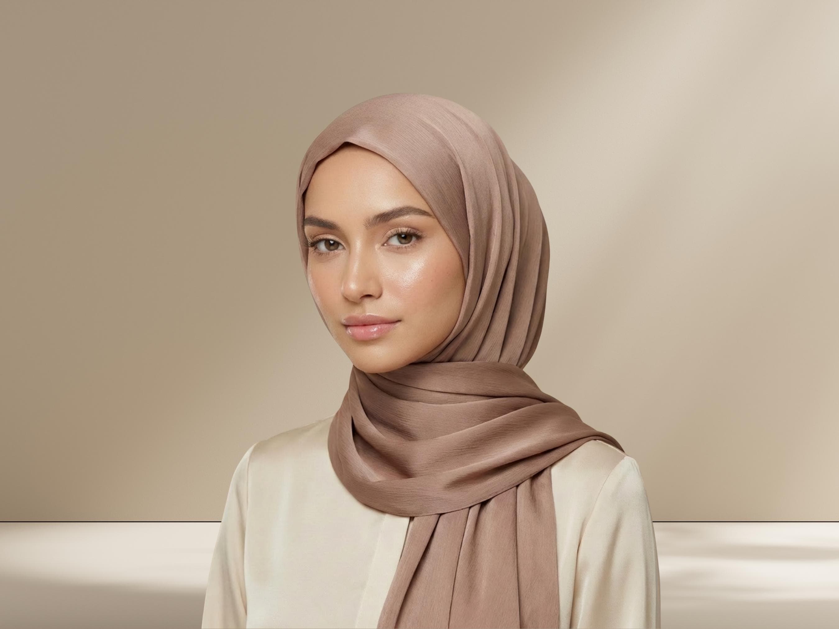 Rose Taupe Crinkle Satin Hijab, Party Evening Wear - image 3