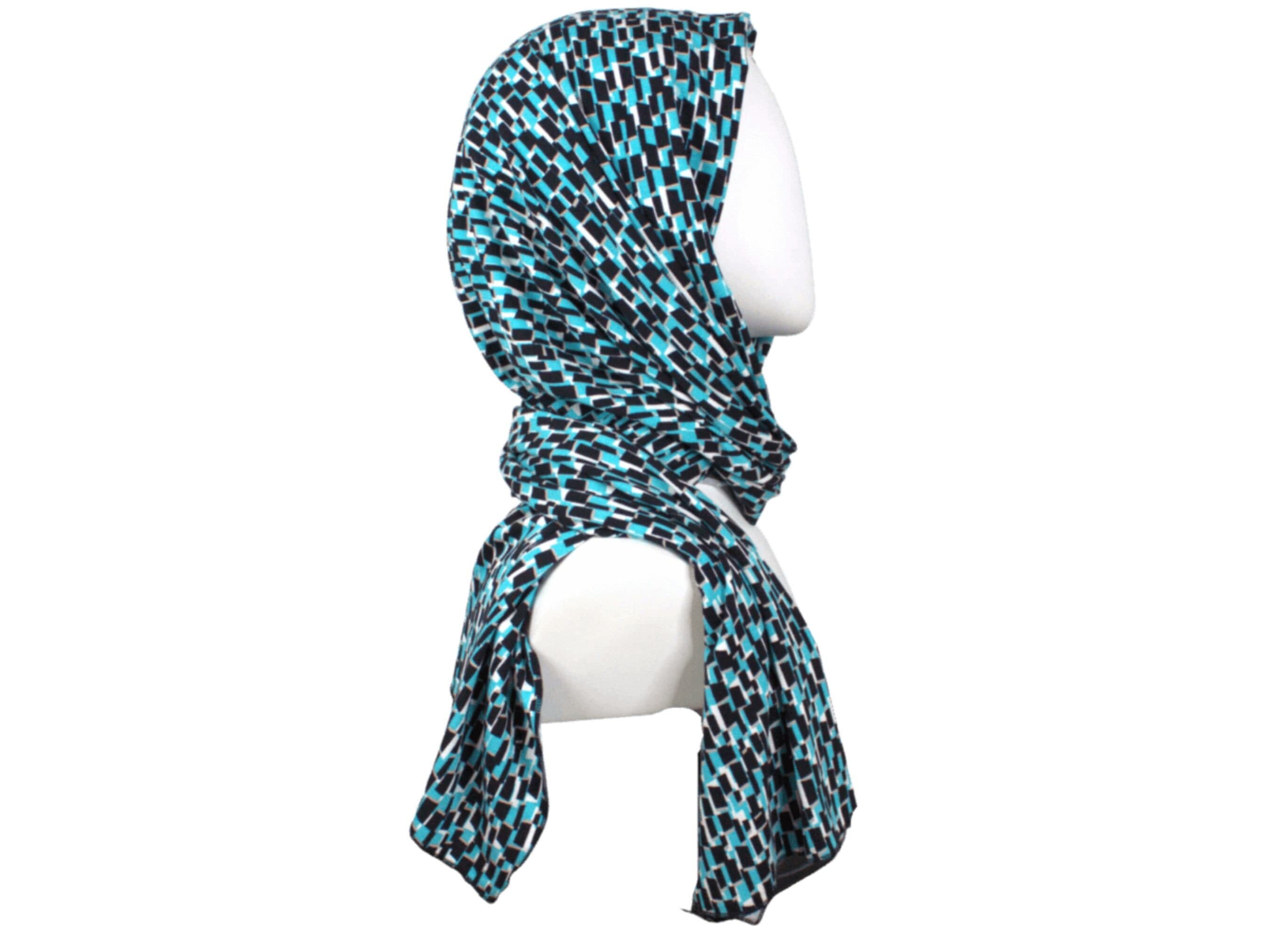 Printed Jersey Hijab, Blue Geometric Rayon Spandex Blend - image 4