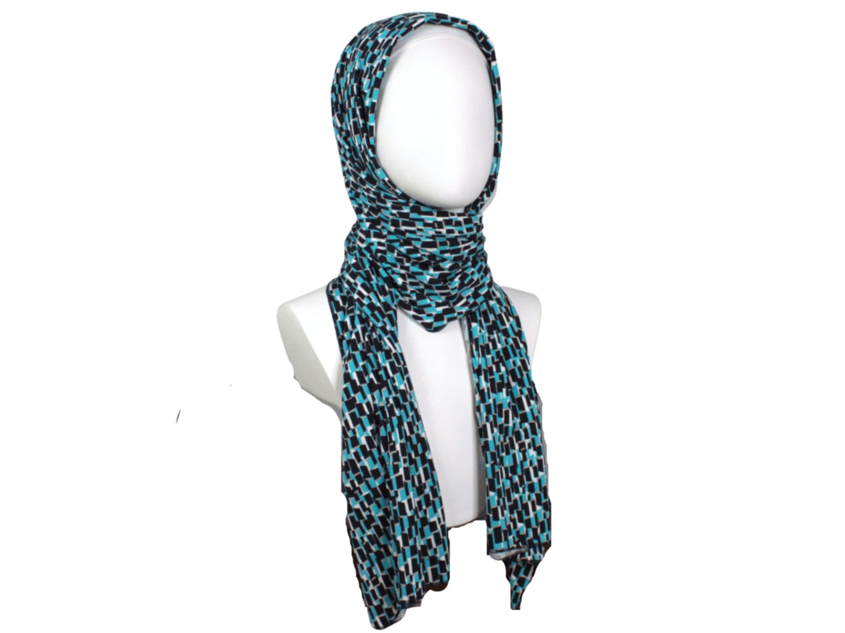 Printed Jersey Hijab, Blue Geometric Rayon Spandex Blend - image 3