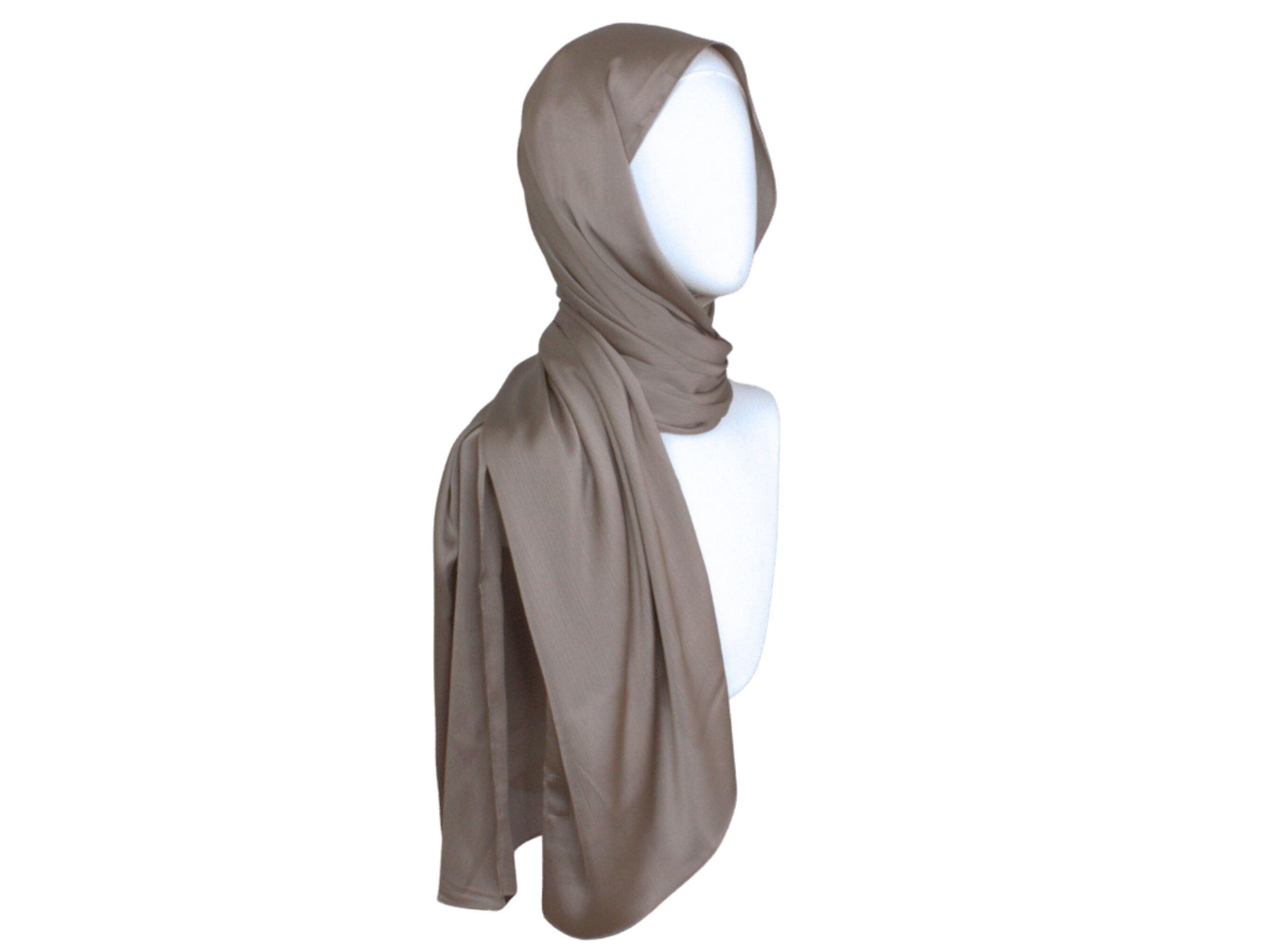 Taupe satin hijab for formal occasions | Lina Zibdeh