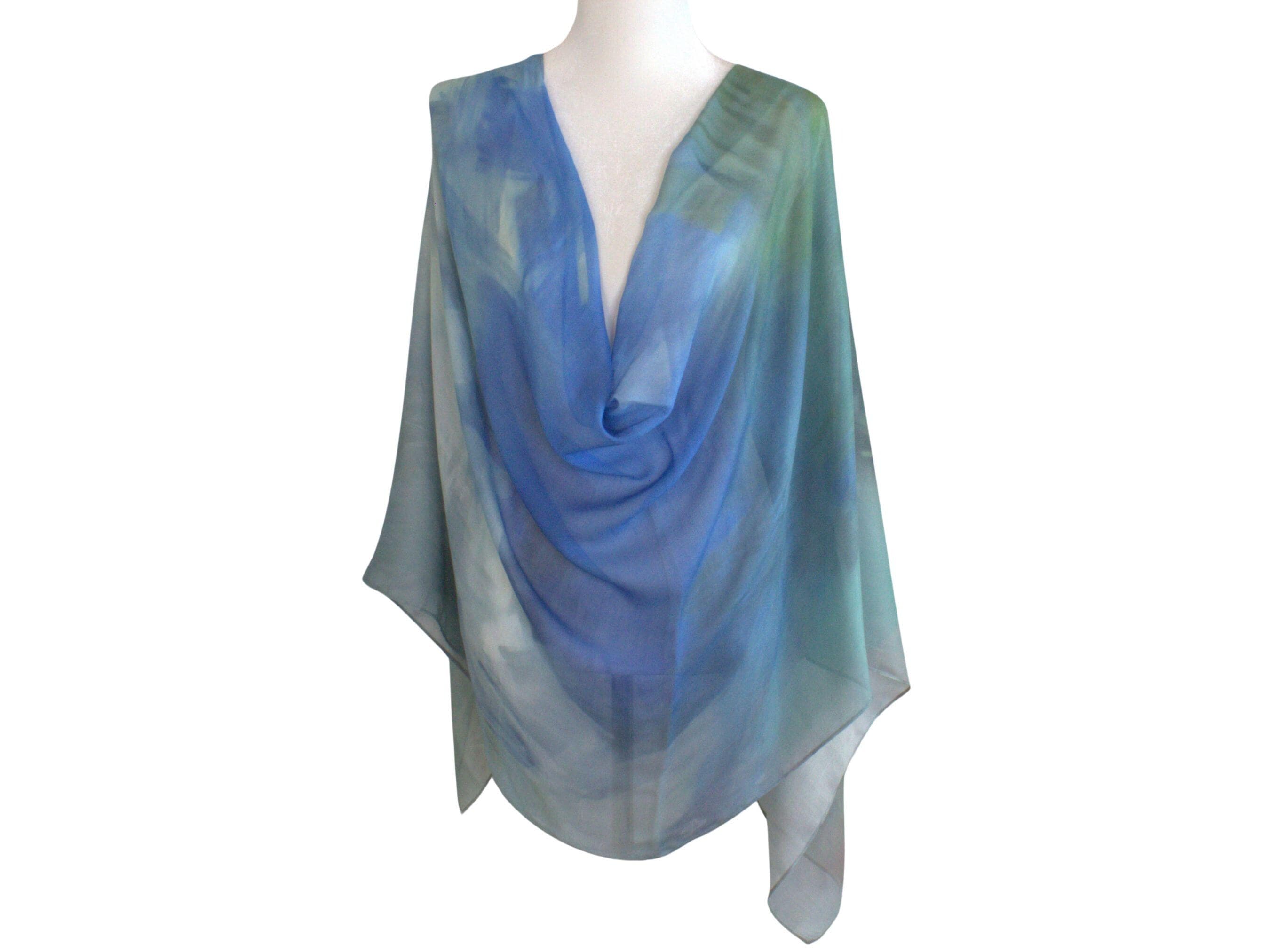 Front view designer bamboo modal printed hijab, watercolor blue green printed bamboo modal hijab scarf ideal for hot weather non slip muslim gift | Lina Zibdeh
